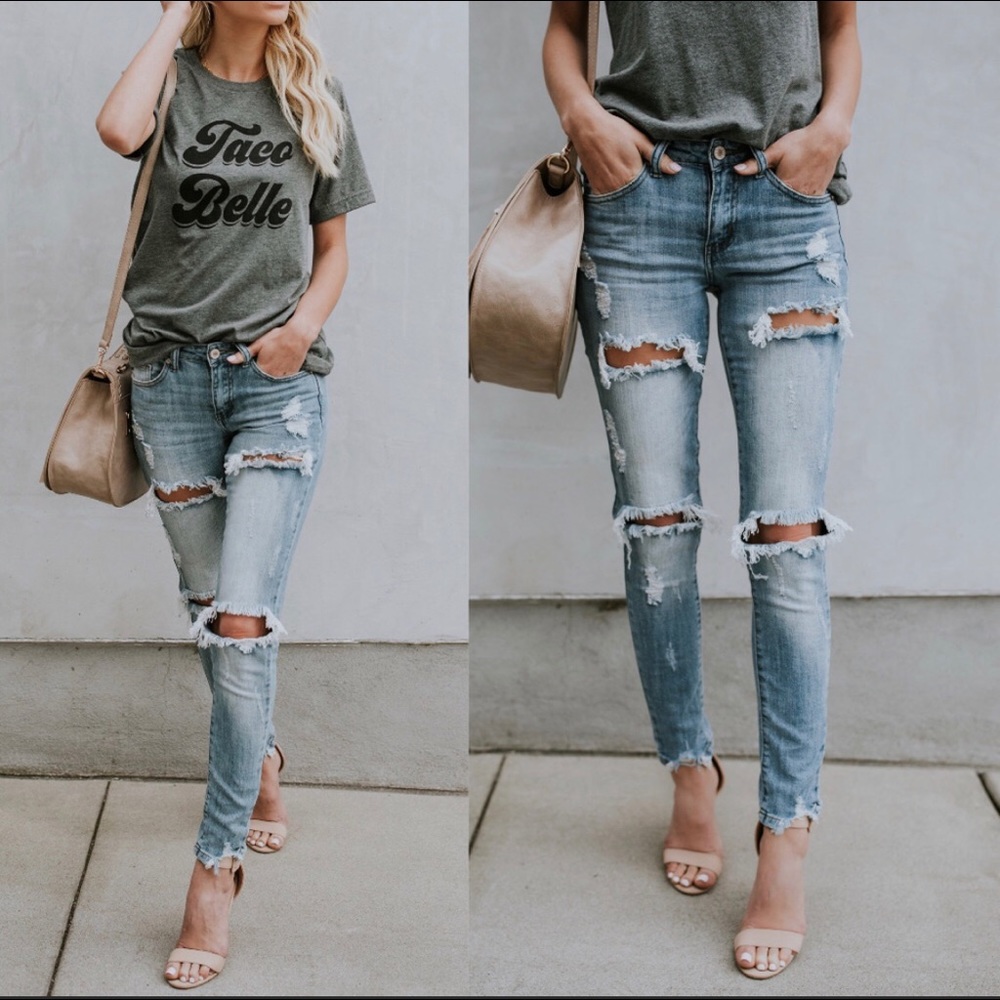 Light wash distressed skinny jeans
